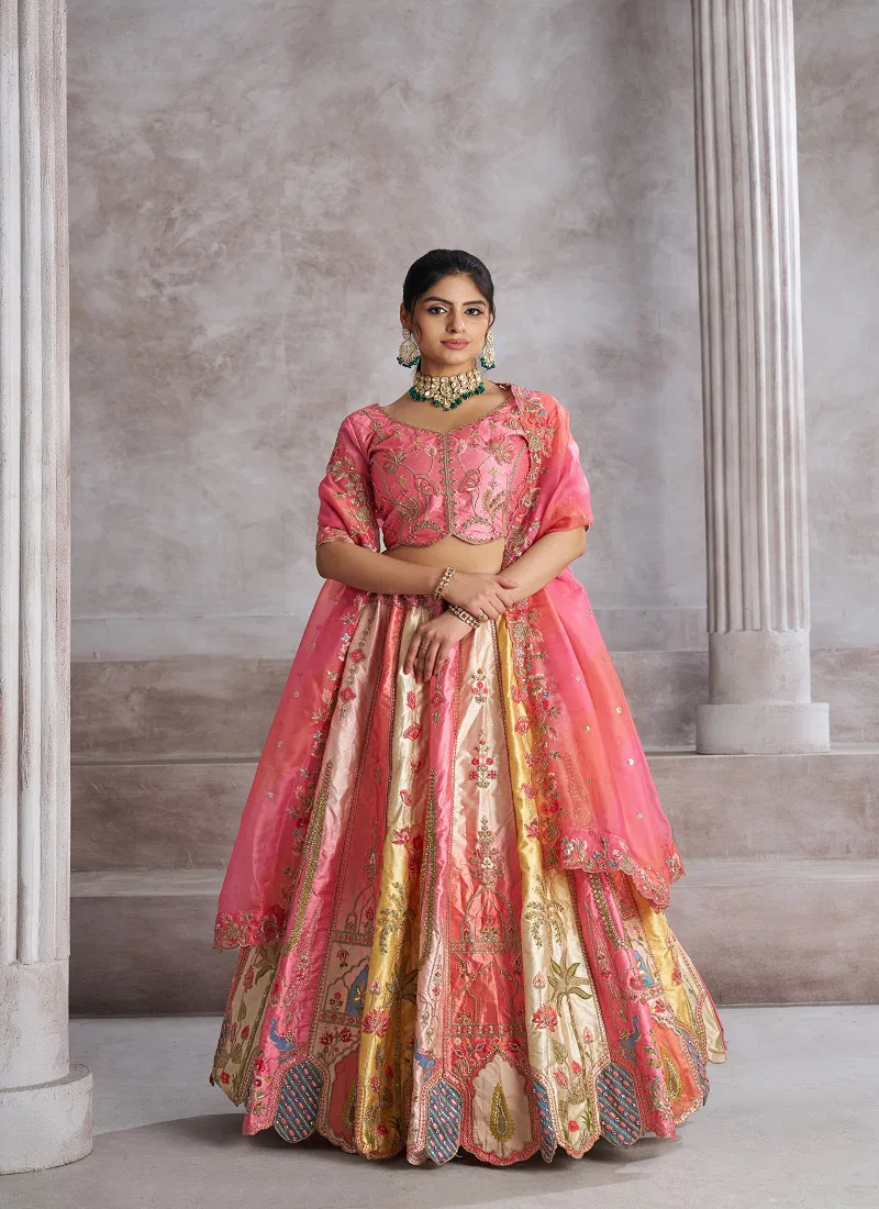 Kf 73 Pink Banarasi Silk Embroidered Wedding Lehenga Suppliers In India